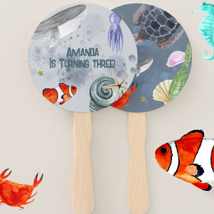 Schattige Zee Animals Kids Verjaardagsfeestje Blau Handwaaier