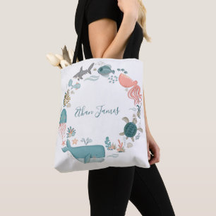 Schattige Zee Creatures Waterverf Gepersonaliseerd Tote Bag