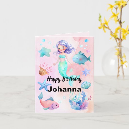 Schattige Zee Dieren Zeemeermin Thema Happy Birthd Kaart (Gele Bloem)