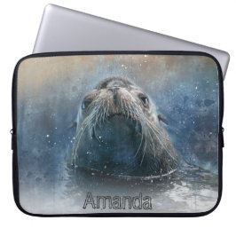 Schattige Zee Leeuw Waterverf Monogram Wildlife Laptop Sleeve