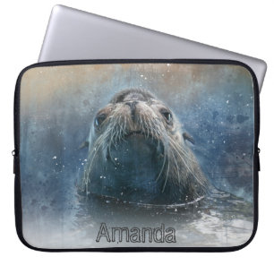 Schattige Zee Leeuw Waterverf Monogram Wildlife Laptop Sleeve