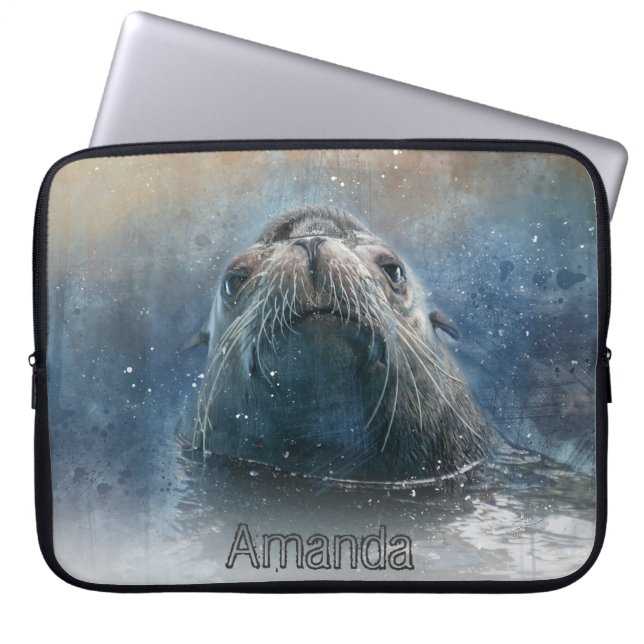 Schattige Zee Leeuw Waterverf Monogram Wildlife Laptop Sleeve (Voorkant)