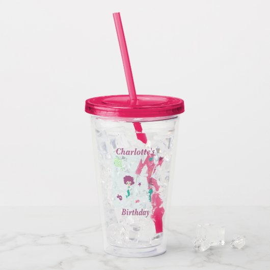 Schattige zee leven zeemeermin vissen naam op blau acryl drinkbeker (Voorkant ijs)