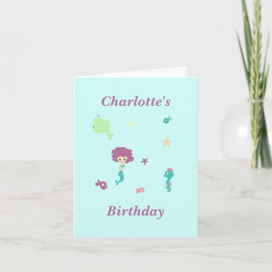 Schattige zee leven zeemeermin vissen naam op blau bedankkaart (Voorkant)