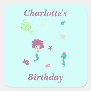 Schattige zee leven zeemeermin vissen naam op blau vierkante sticker