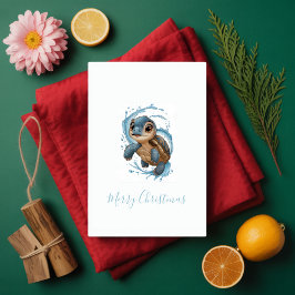 Schattige Zee Schildpad Kerstvakantie Waterverf Kaart