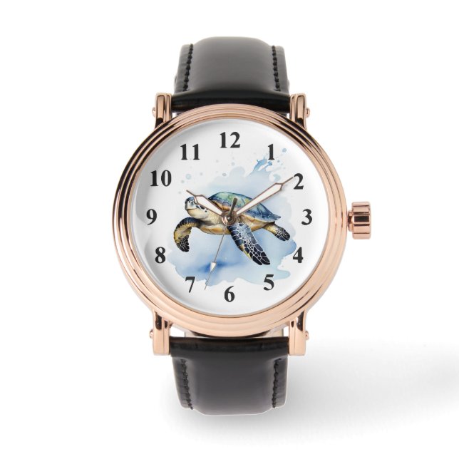 Schattige Zee Schildpad Waterverf Kunst Oceaan Die Horloge (Voorkant)
