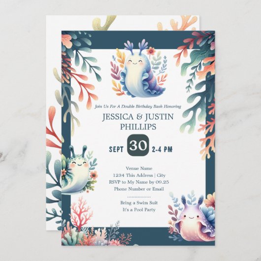 Schattige Zee Slugs Ocean Double Birthday Pool Par Kaart (Voorkant / Achterkant)