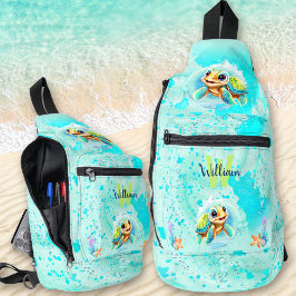 Schattige Zee Turtle Boy Ocean Turquoise Monogram  Sling Bag