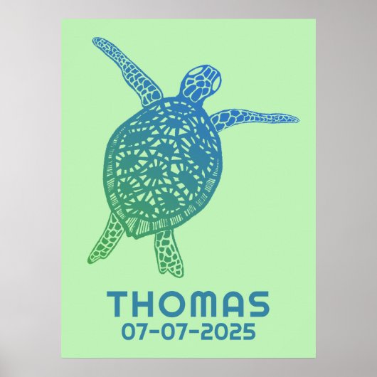 Schattige Zee Turtle CUSTOM BABY NAAM VERJAARDAG K Poster (Voorkant)