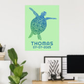 Schattige Zee Turtle CUSTOM BABY NAAM VERJAARDAG K Poster (Thuiskantoor)