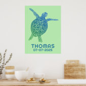 Schattige Zee Turtle CUSTOM BABY NAAM VERJAARDAG K Poster (Keuken)