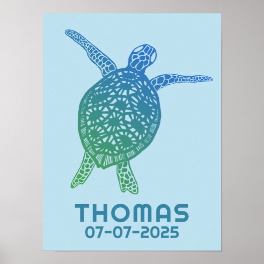 Schattige Zee Turtle CUSTOM BABY NAAM VERJAARDAG K Poster (Voorkant)
