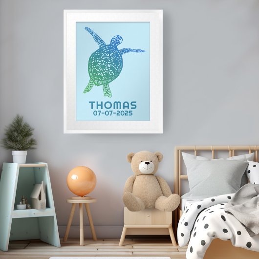 Schattige Zee Turtle CUSTOM BABY NAAM VERJAARDAG K Poster