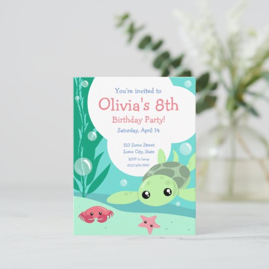Schattige Zee Turtle verjaardagsuitnodiging Kaart (Staand voorkant)