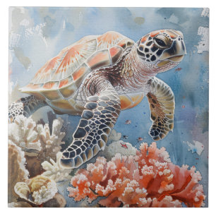 Schattige Zee Turtle Waterverf Schilderij Tegeltje
