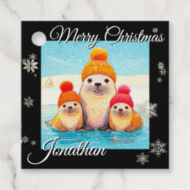 Schattige zeehonden met gebreide muts Kerstillustr Bedankjes Labels