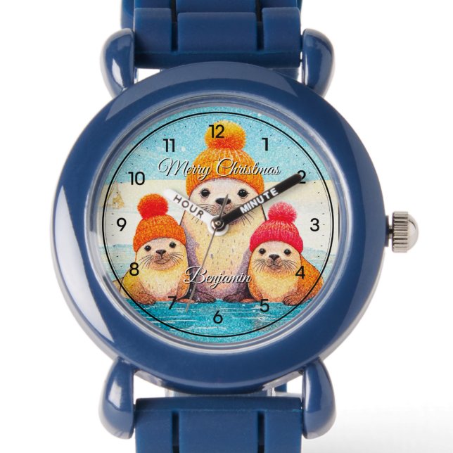 Schattige zeehonden met gebreide muts Kerstillustr Horloge (Creator heeft geüpload)