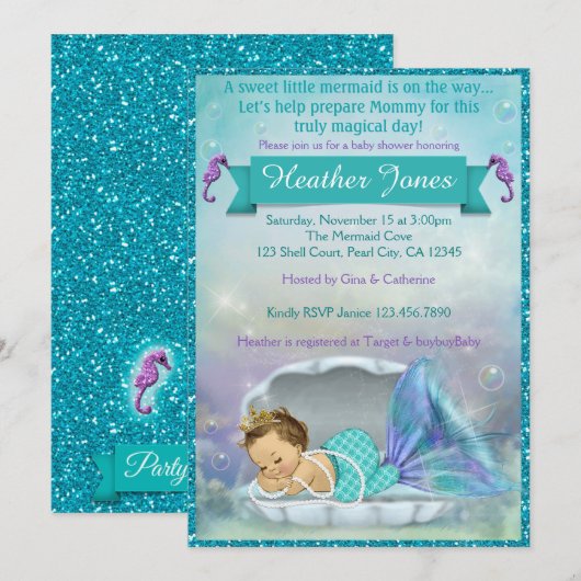Schattige Zeemeermin Baby Douche Uitnodigingen #13 (Voorkant / Achterkant)