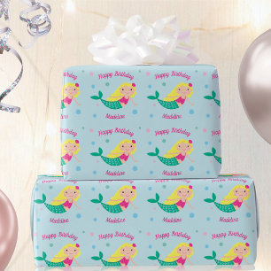 Schattige Zeemeermin Blauw Persoonlijke Verjaardag Cadeaupapier