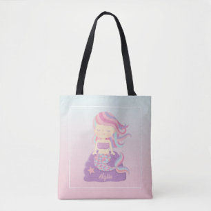 Schattige Zeemeermin Meisje Roze Blauw Ombre Canva Tote Bag