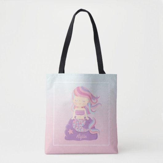 Schattige Zeemeermin Meisje Roze Blauw Ombre Canva Tote Bag (Voorkant)