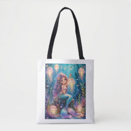 Schattige zeemeermin met kwal lantaarn tote bag