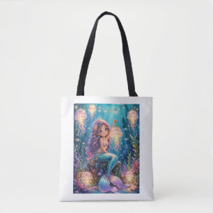 Schattige zeemeermin met kwal lantaarn tote bag