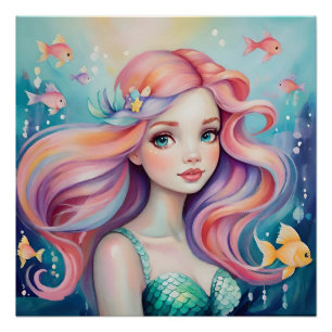Schattige zeemeermin onder water met vis perfect poster