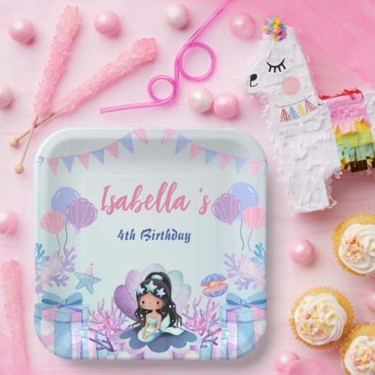 Schattige Zeemeermin Regenboog Waterverf Verjaarda Papieren Bordje (Feest)