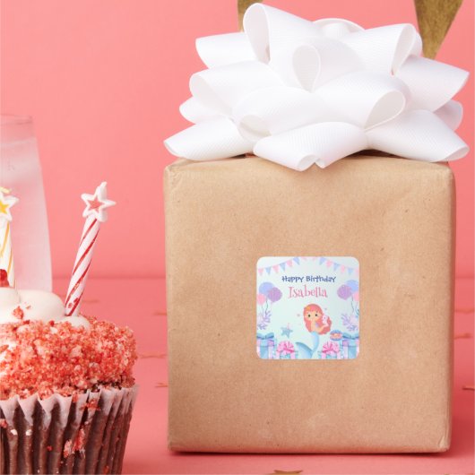 Schattige Zeemeermin Regenboog Waterverf Verjaarda Vierkante Sticker (Feest)