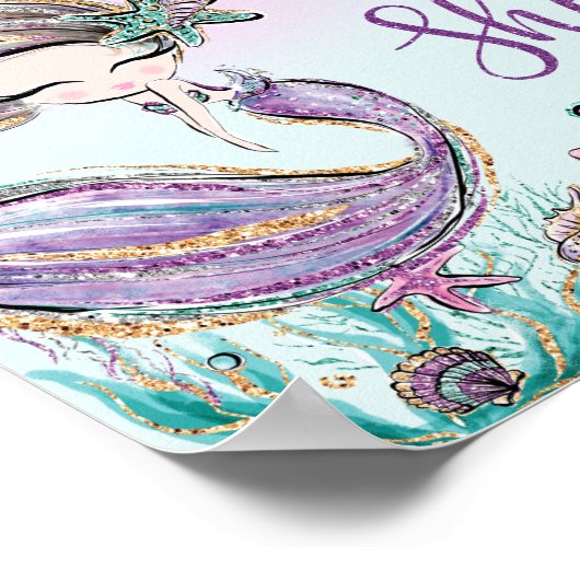 Schattige Zeemeermin Verjaardag Baby Shower Neem e Poster (Hoek)