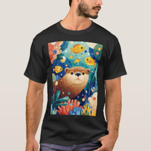 Schattige zeeotter in kleurrijk koraalrif t-shirt