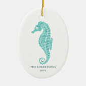 Schattige zeepaardje Aqua Glitter Kustkerstfoto Keramisch Ornament (Voorkant)