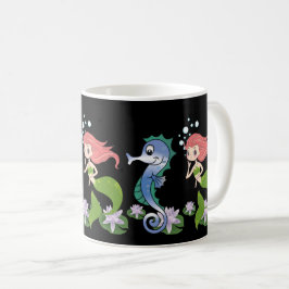 Schattige zeepaardje en kleine zeemeermin zwemmen koffiemok