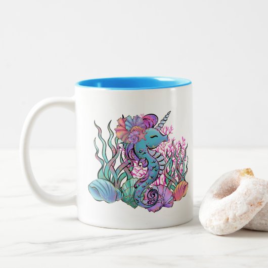 schattige zeepaardliefhebbers voegen monogram toe tweekleurige koffiemok (Met donut)