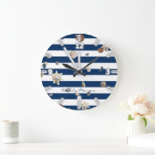 Schattige zeeschelpen, Navy Blue Stripes-Personali Grote Klok (Huis)