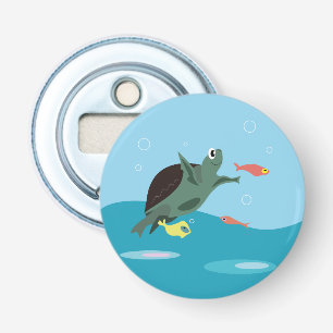 Schattige zeeschildpad onder zee kunst button flesopener