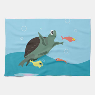 Schattige zeeschildpad onder zee kunst theedoek