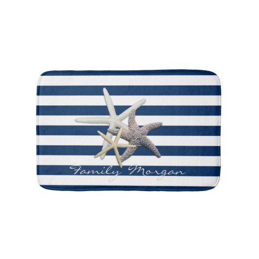 Schattige Zeester ,Marineblauwe Strepen-Personalis Badmat (Voorkant)
