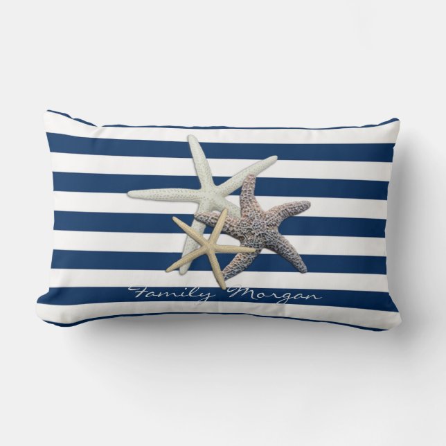 Schattige Zeester ,Marineblauwe Strepen-Personalis Kussen (Voorkant)