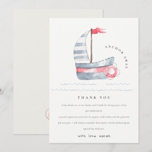Schattige Zeevaart Zachte Rode Blauwe Zeilboot Kin Bedankkaart (Voorkant / Achterkant)