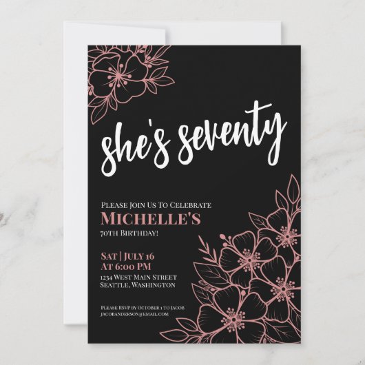 Schattige Zeventig Zwart Roos Goud 70e Verjaardags Kaart (Voorkant)