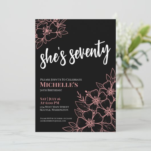 Schattige Zeventig Zwart Roos Goud 70e Verjaardags Kaart (Staand voorkant)