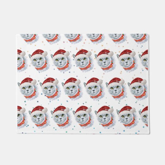 Schattige zilveren kat met kerstmuts Kerstmis Deurmat (Voorkant)