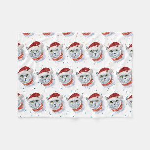 Schattige zilveren kat met kerstmuts Kerstmis Fleece Deken