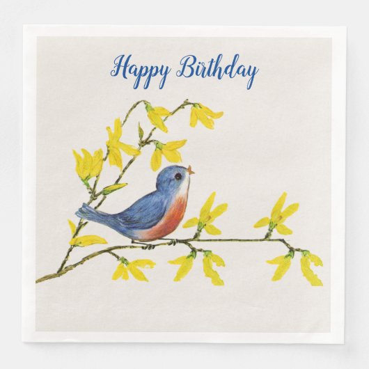 Schattige Zingend Blauw Rood Vogel op Tak Geel Blo Servet (Voorkant)