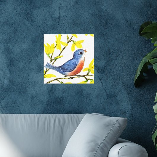 Schattige zingende blauwe vogel boom canvas afdruk