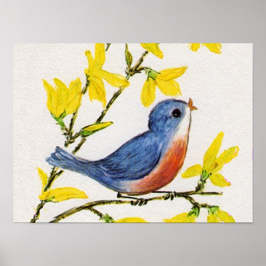 Schattige zingende blauwe vogel boom poster (Voorkant)