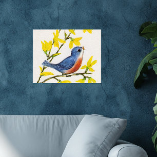 Schattige zingende blauwe vogel boom poster